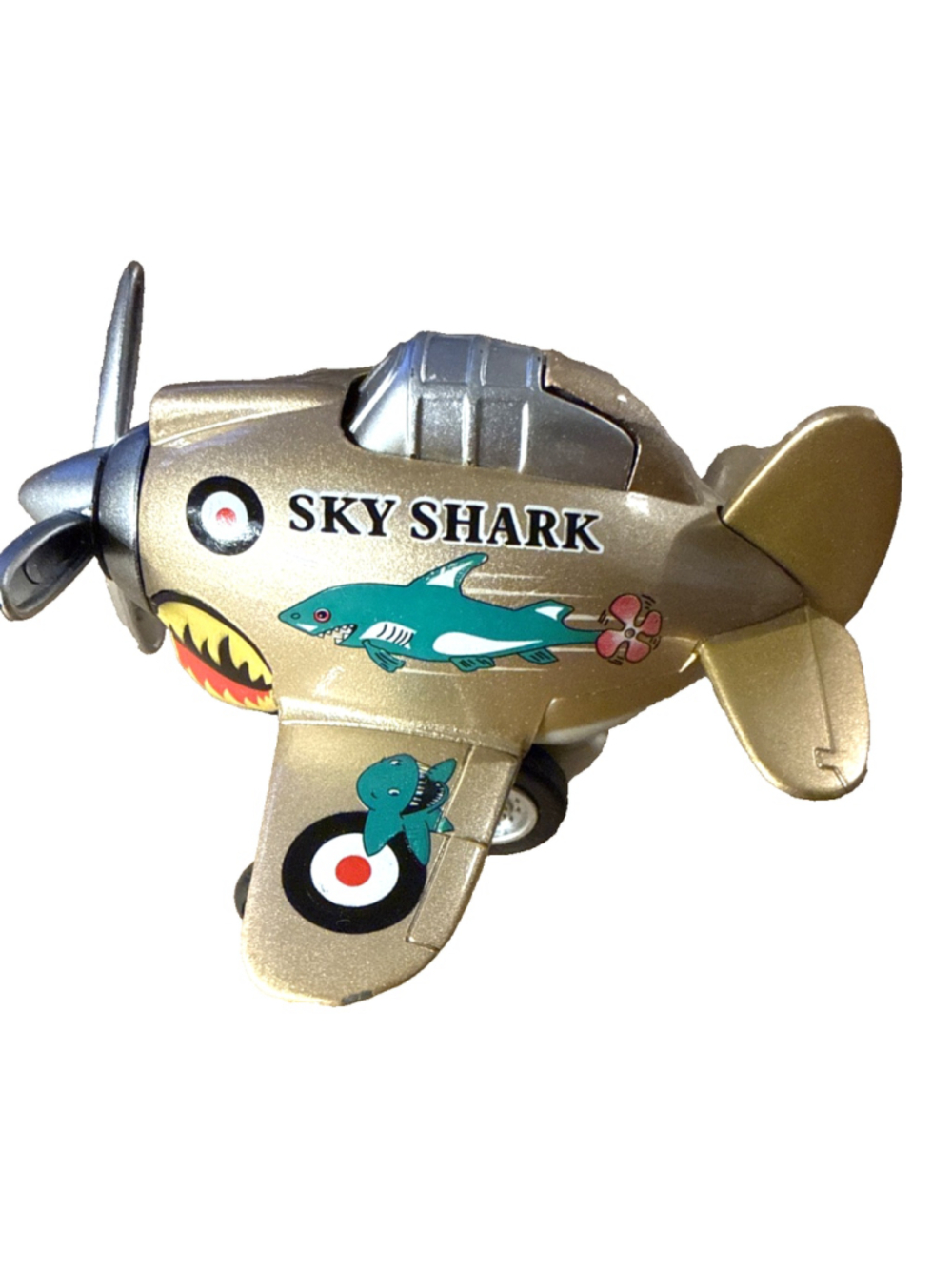 Toysmith Pull Back Sky Shark Propeller Plane Diecast Toy Gold Airplane Green